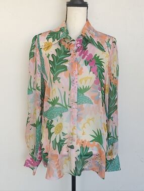 Jessie Liu Silk Floral Button Down Shirt Size Large Pink Green